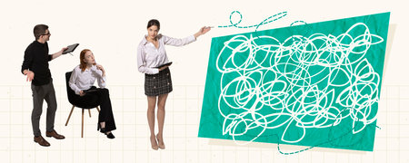 Contemporary art collage. Creative design. Difficult tasks. Employees at meeting, business...