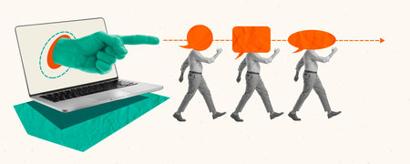 Contemporary art collage. Creative design. Online meeting. Boss hand sticking out laptop screen and...