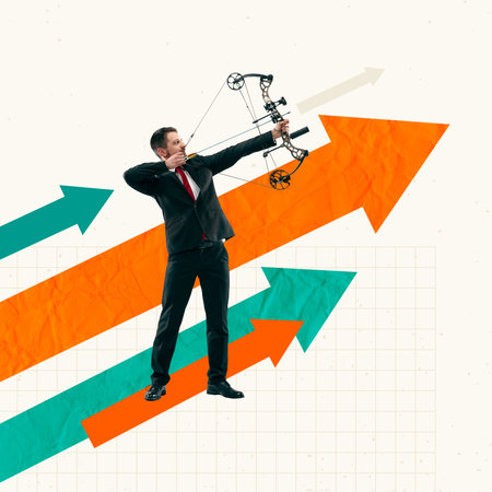 Contemporary art collage. Creative design. Businessman aiming arrow on professional target. Working...