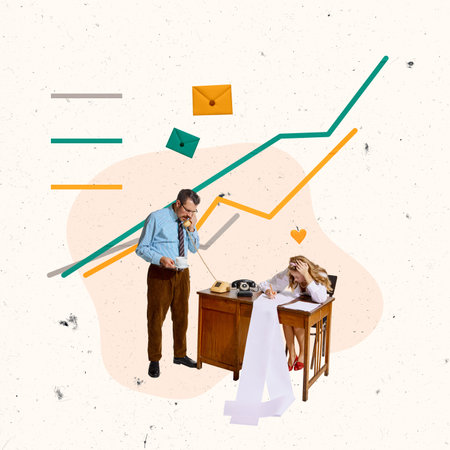 Contemporary art collage. Conceptual design. Working stress. Man emotionally talking on phone, woman sitting at the table and making notesの写真素材