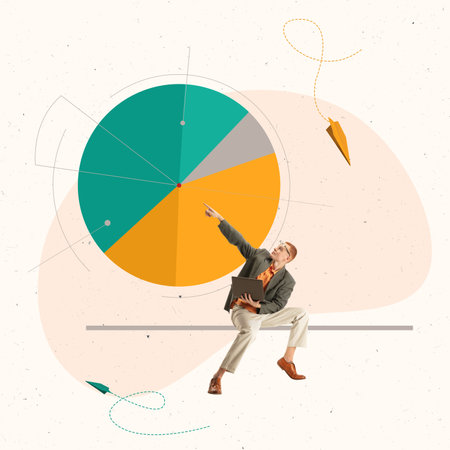 Contemporary art collage. Conceptual design. Young man working on laptop on business analytics, showing graph divided into sections. Strategyの写真素材