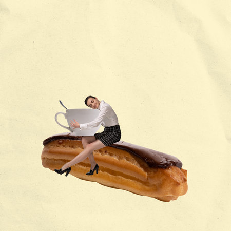 Contemporary art collage. Creative design. Young woman, employee sitting on delicious eclair and hugging cup of coffeeの写真素材