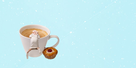 Contemporary art collage. Creative design. Young woman in bathrobe climbing into cup with coffee, espresso. Caffeine energyの写真素材