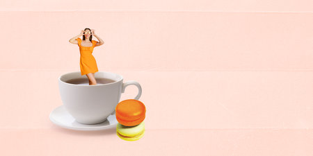Contemporary art collage. Creative design. Young girl standing inside cup with black tea over pink background. macarons for desertの写真素材