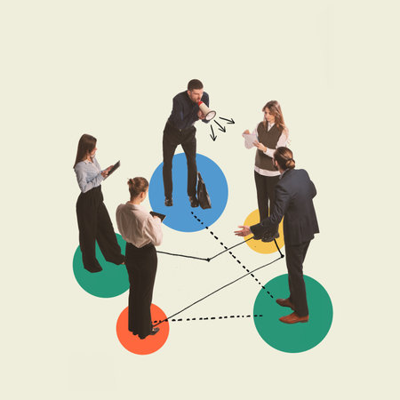Contemporary art collage. Creative design. Meeting. Manager shouting at employees, spreading tasks...