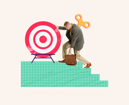 Contemporary art collage. Conceptual design. Young man, employee reaching professional target. Way...