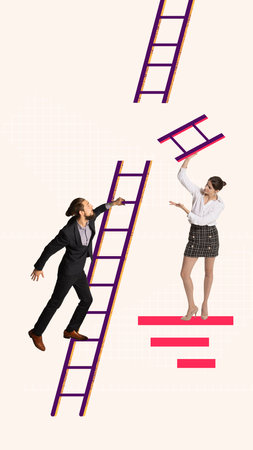 Contemporary art collage. Conceptual design. Man climbing upwards the stairs symbolizing competitive, hard way to professional growthの写真素材