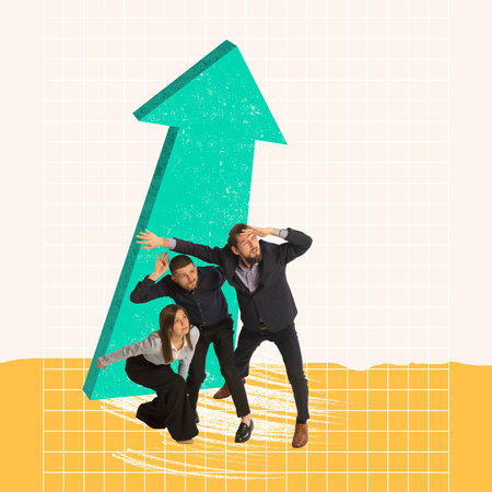 Contemporary art collage. Conceptual design. Employees holding big arrow symbol, looking on new...