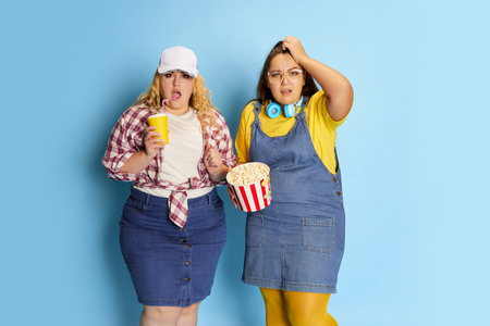 Portrait of two fat, beautiful women, friends posing with popcorn basket over blue studio background. Impressive filmの写真素材