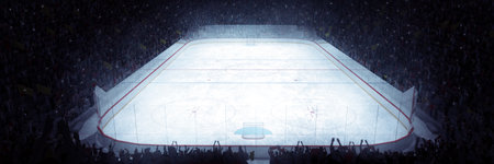 Aerial view. 3D model of empty ice rink stadium arena for sportive competition, championship. Stadium with filled stands with sports hockey fans.の写真素材