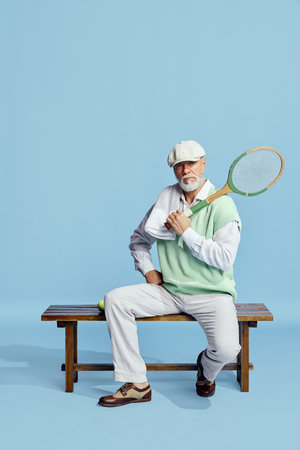Portrait of handsome, serious, senior man in stylish outfit sitting on bench with tennis racket over blue background. Concept of leisure activity, hobby, lifestyleの写真素材