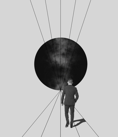 Contemporary art collage. Creative design. Motivated man, employee on way to black hole symbolizing taking professional risks. Surreal artwork. monochrome.の写真素材