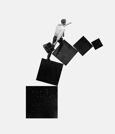 Contemporary art collage. Creative design. Businessman walking upwards stairs, reaching professional success. Surreal artwork. monochrome.の写真素材