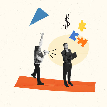 Contemporary art collage. Conceptual design. Project manager shouting at thoughtful employee working on laptop. Creating ideasの写真素材