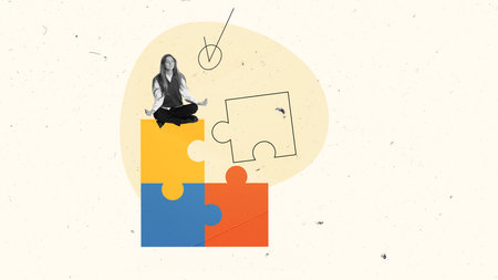 Contemporary art collage. Conceptual design. Employee, woman sitting on puzzles in lotus pose and...