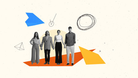 Contemporary art collage. Conceptual design. Well-coordinated teamwork. People, employees standing in a line. Successful projectの写真素材