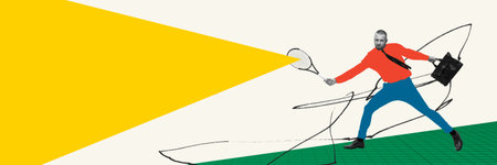 Contemporary art collage. Conceptual design. Businessman with tennis racket hitting difficulties....