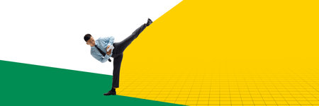 Contemporary art collage. Conceptual design. Businessman, employee in leg punching position overcoming difficulties and crisisの写真素材