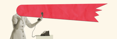 Contemporary art collage. Woman in retro dress with blank space for text instead head emotionally talking on phone. Banner, flyerの写真素材