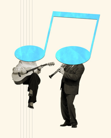 Contemporary art collage. Man and woman playing guitar and clarinet with big treble clef instead head. Empty space for textの写真素材