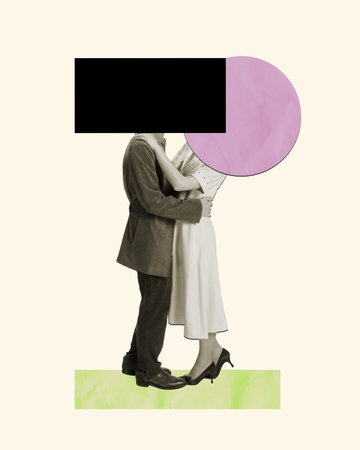 Contemporary art collage. Man and woman with blank space for text instead head dancing over light backgroundの写真素材