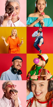 Collage. Portraits of different cheerful people, man and young women, girls posing over multicolor...