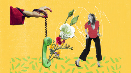 Creative colorful design. Modern art collage. Beautiful stylish woman receiving phone greetings with womens holiday. Flowersの写真素材