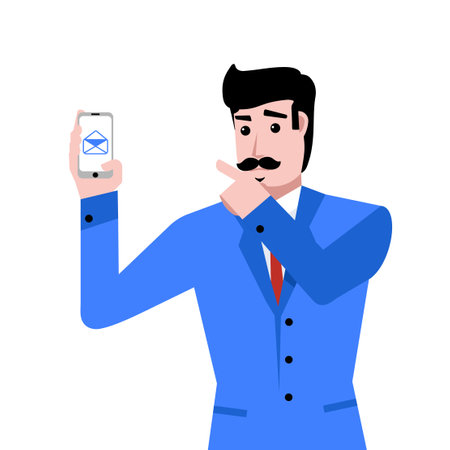 Businessman in blue suit showing phone screen with mail icon isolated over white background. Concept of business, career, innovationsのイラスト素材