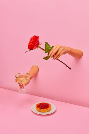 Food pop art photography. Female hand sticking out pink paper with champagne and rose flower over delicious berry tartの写真素材