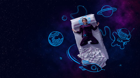 Creative design with line art. Young woman in pajamas sleeping and dreaming about space, stars,...
