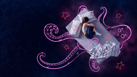 Creative design with line art. Hidden fears. Young woman sleeping and having dreams about giant octopus over starry backgroundの写真素材