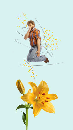 Scared frightened young man looking at spring bloom flowers. Creative colorful design. Modern art...