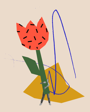 Creative colorful design. Young girl holding giant drawn flower over light background. Tulip, spring timeの写真素材