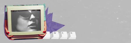 Contemporary art collage. Creative design. Beautiful woman inside retro computer screen. News....