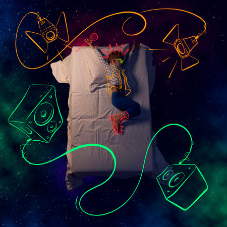 Creative design with line art over space background. Little boy sleeping and dreaming about music...