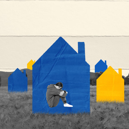 Conceptual design. Young girl sitting alone in house on field and suffering from depression and stress. Escaping crueltyの写真素材