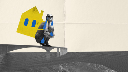 Conceptual design. Young girl with house behind back crying, losing home, escaping hometown. Moving to another placeの写真素材