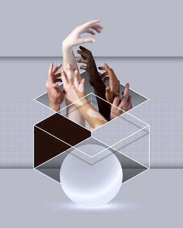 Contemporary art collage. Creative surreal design. Human hands aesthetics. Hands sticking out...