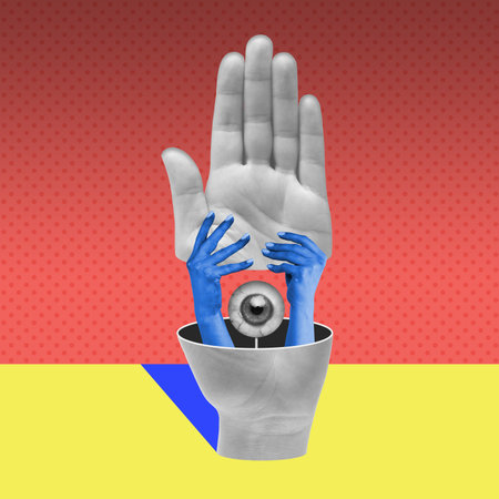 Contemporary art collage. Creative surreal design. New vision. Human eye looking out opening hand. Innovationsの写真素材