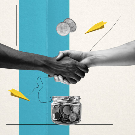 Contemporary art collage. Conceptual design. International partnership. Human shaking hands over...