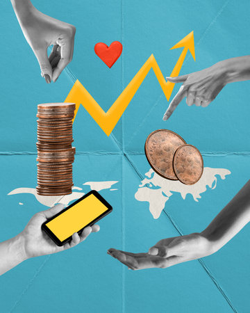 Contemporary art collage. Conceptual design. Online trading. Money exchange. Growing finances. International businessの写真素材