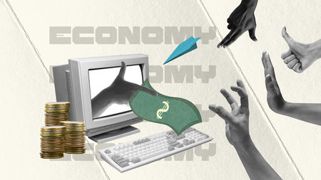 Contemporary art collage. Conceptual design. Receiving payments. Hand sticking out computer and giving money. Earning activity, profitsの写真素材