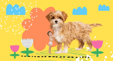 Creative contemporary art collage. Toddler boy in diaper standing near cute dog over drawn summer background. Pet friendの写真素材