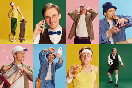 Collage. Young emotive man in different clothes, showing various emotions over multicolored backgroundの写真素材