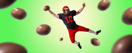 Collage. Man, professional american football player in motion, playing over green background with many ballsの写真素材