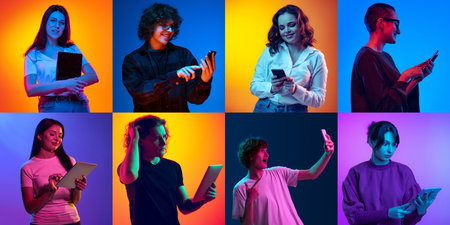 Collage. Modern devices. Young people communicating, working on phones, tablets, laptops over...