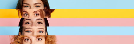Collage made of five beautiful girls. Female eyes placed in narrow horizontal stripes over...