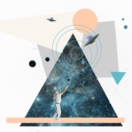Contemporary art collage. Senior stylish man playing tennis over cosmos background. Geometric...