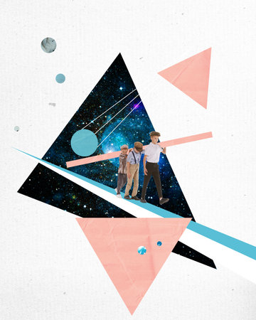 Contemporary art collage. Playful little boys, brothers, children walking, playing over geometric elements with outer space imageの写真素材