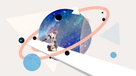 Contemporary art collage. Playful little boys, brothers, children playing over geometric elements with outer space imageの写真素材